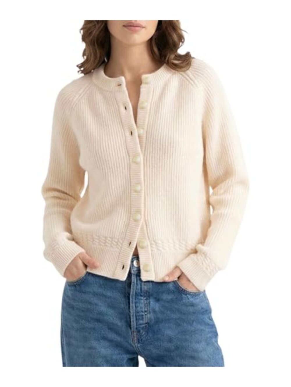 Cable-Knit Cardigan Sweater for Women Button-Up Crew Neck Long Sleeve